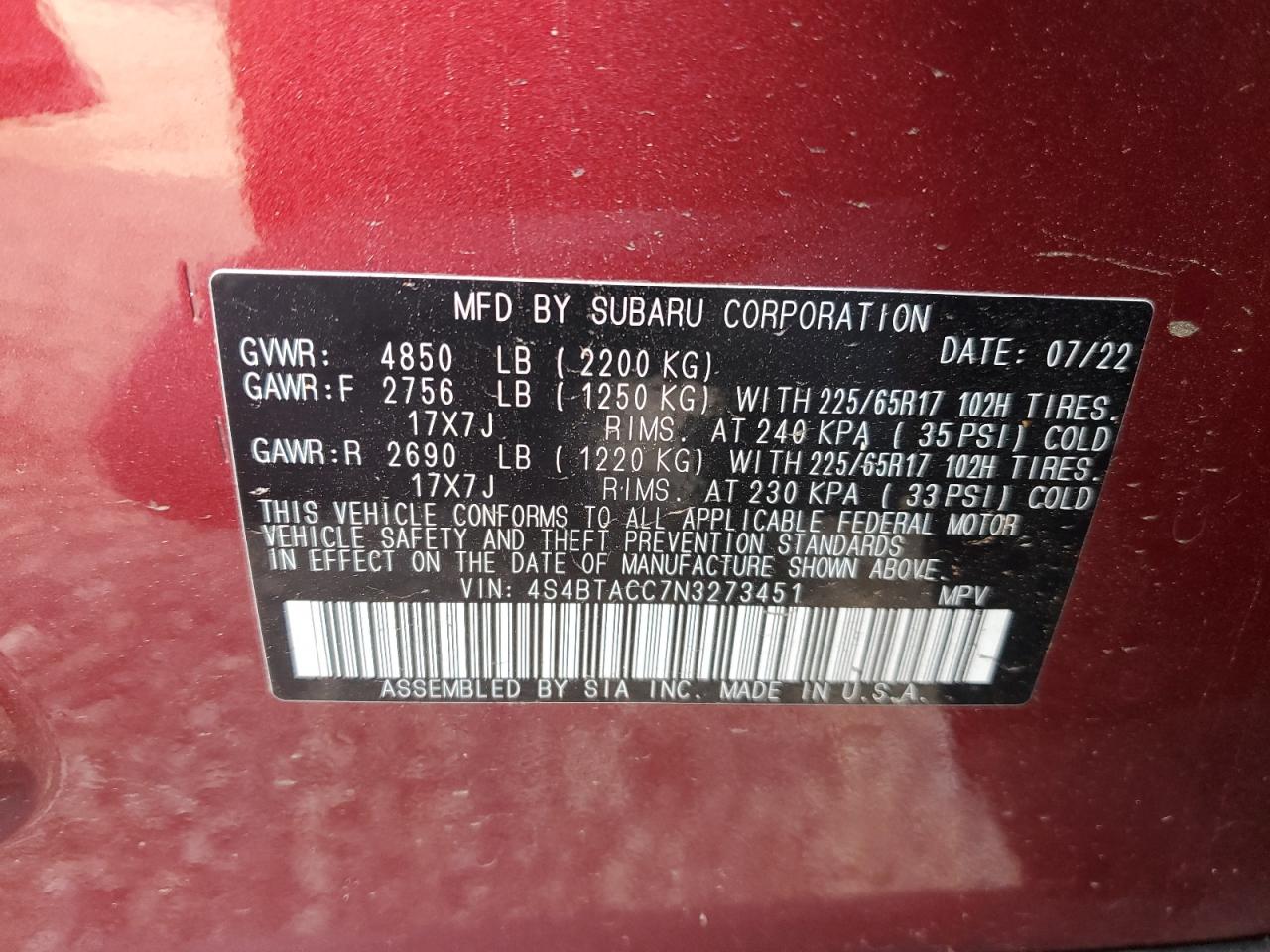 2022 Subaru Outback Premium VIN: 4S4BTACC7N3273451 Lot: 80552013