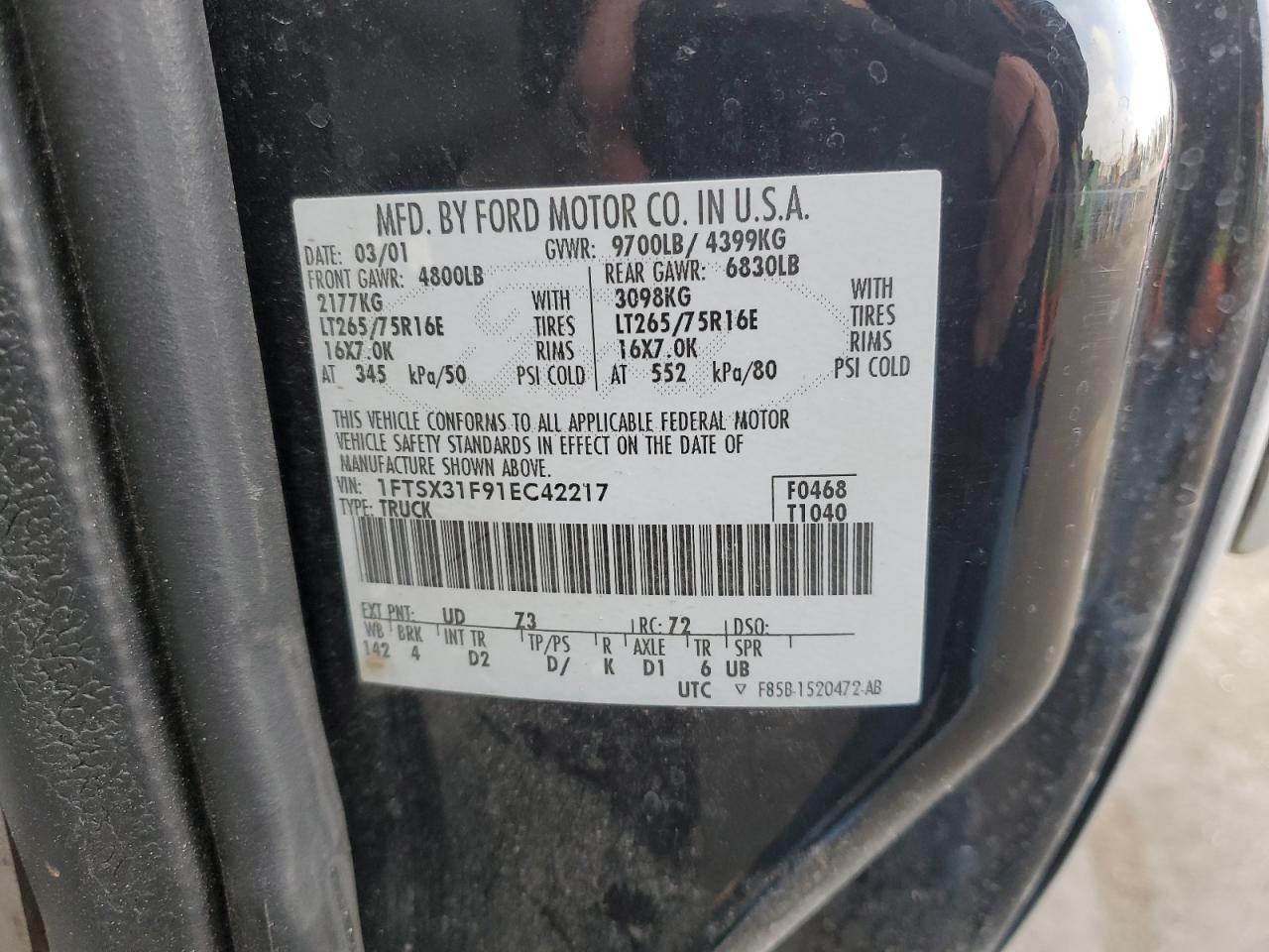 2001 Ford F350 Srw Super Duty VIN: 1FTSX31F91EC42217 Lot: 60966874