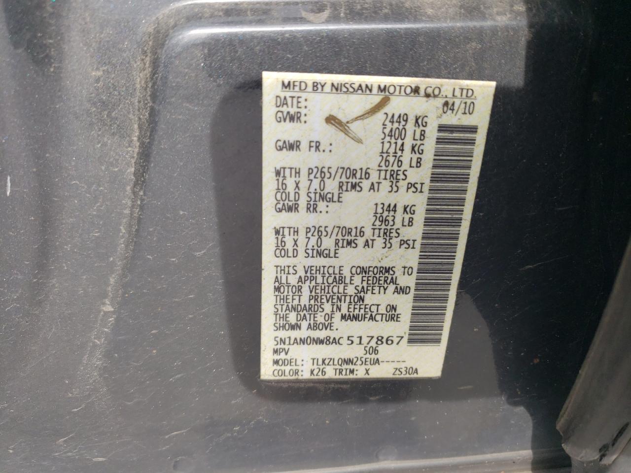 2010 Nissan Xterra Off Road VIN: 5N1AN0NW8AC517867 Lot: 48291644