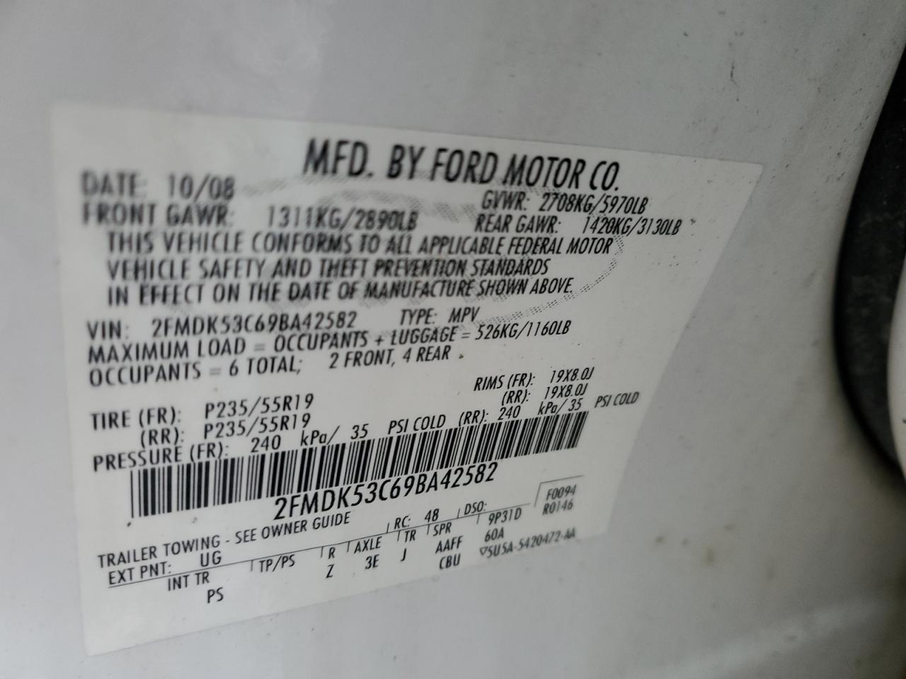 2009 Ford Flex Limited VIN: 2FMDK53C69BA42582 Lot: 68615414