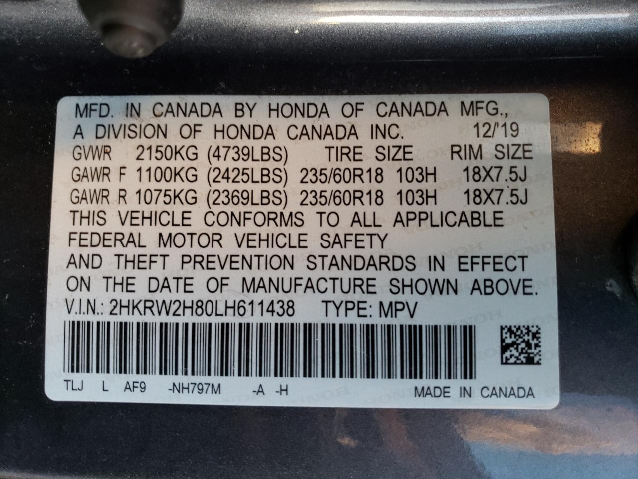 2020 Honda Cr-V Exl VIN: 2HKRW2H80LH611438 Lot: 80516983