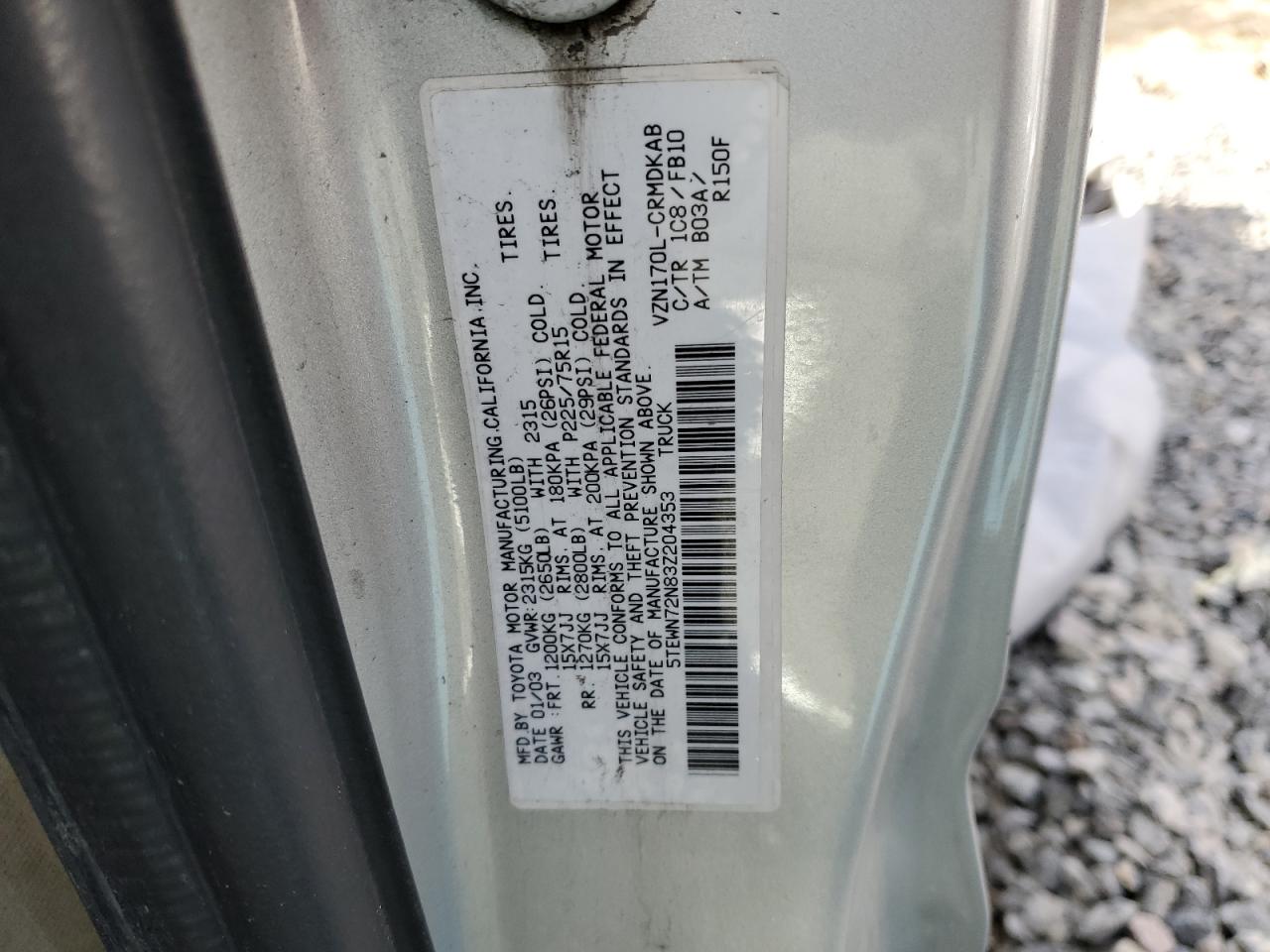 2003 Toyota Tacoma Xtracab VIN: 5TEWN72N83Z204353 Lot: 79361533