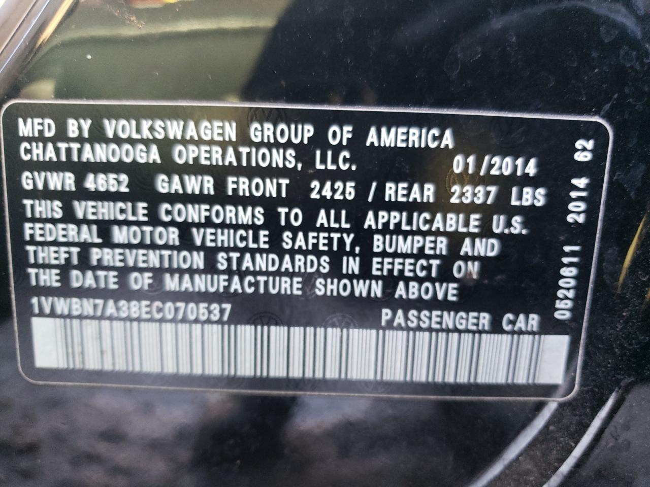 2014 Volkswagen Passat Se VIN: 1VWBN7A38EC070537 Lot: 78238483