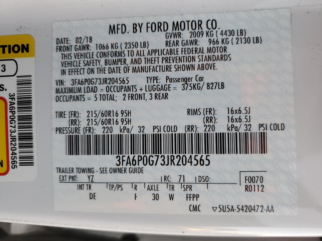 VIN 3FA6P0G73JR204565 2018 FORD FUSION no.12