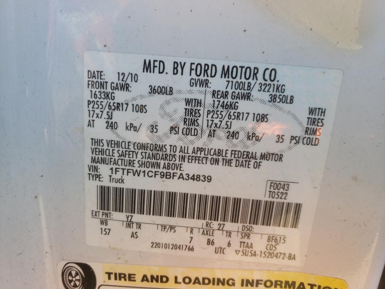 2011 Ford F150 Supercrew VIN: 1FTFW1CF9BFA34839 Lot: 80477183