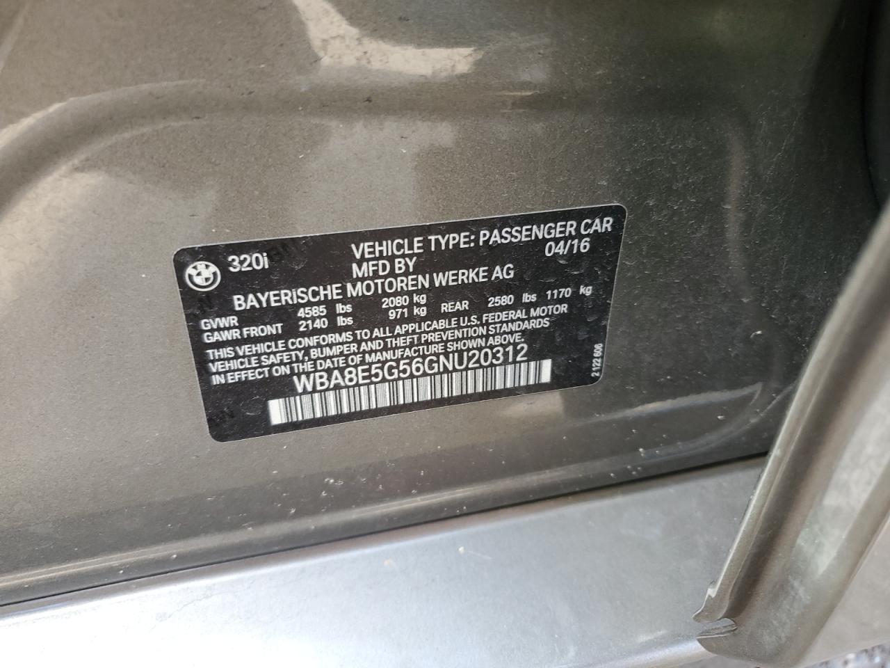 2016 BMW 320 Xi VIN: WBA8E5G56GNU20312 Lot: 80251493