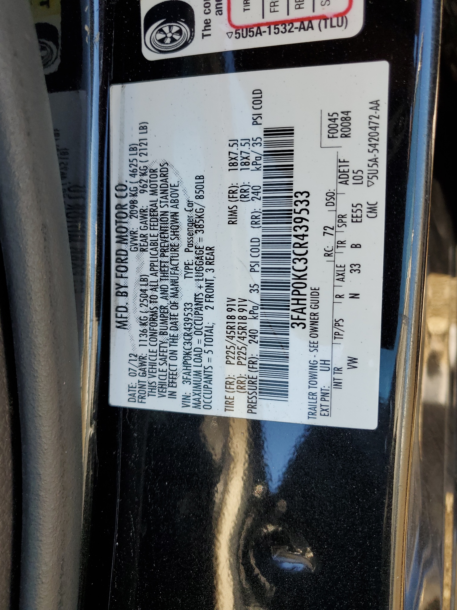 3FAHP0KC3CR439533 2012 Ford Fusion Sport