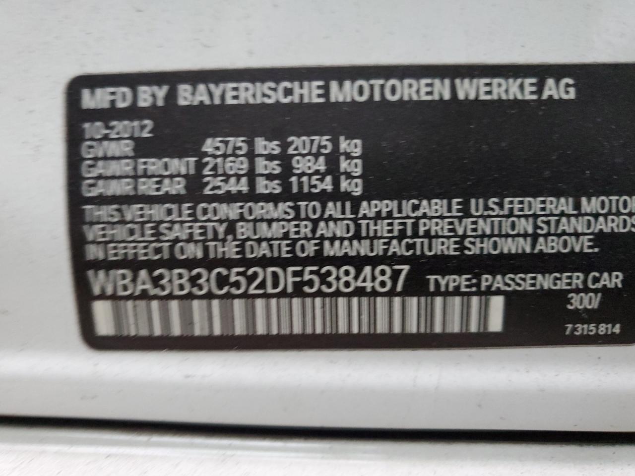 2013 BMW 328 Xi VIN: WBA3B3C52DF538487 Lot: 82018643