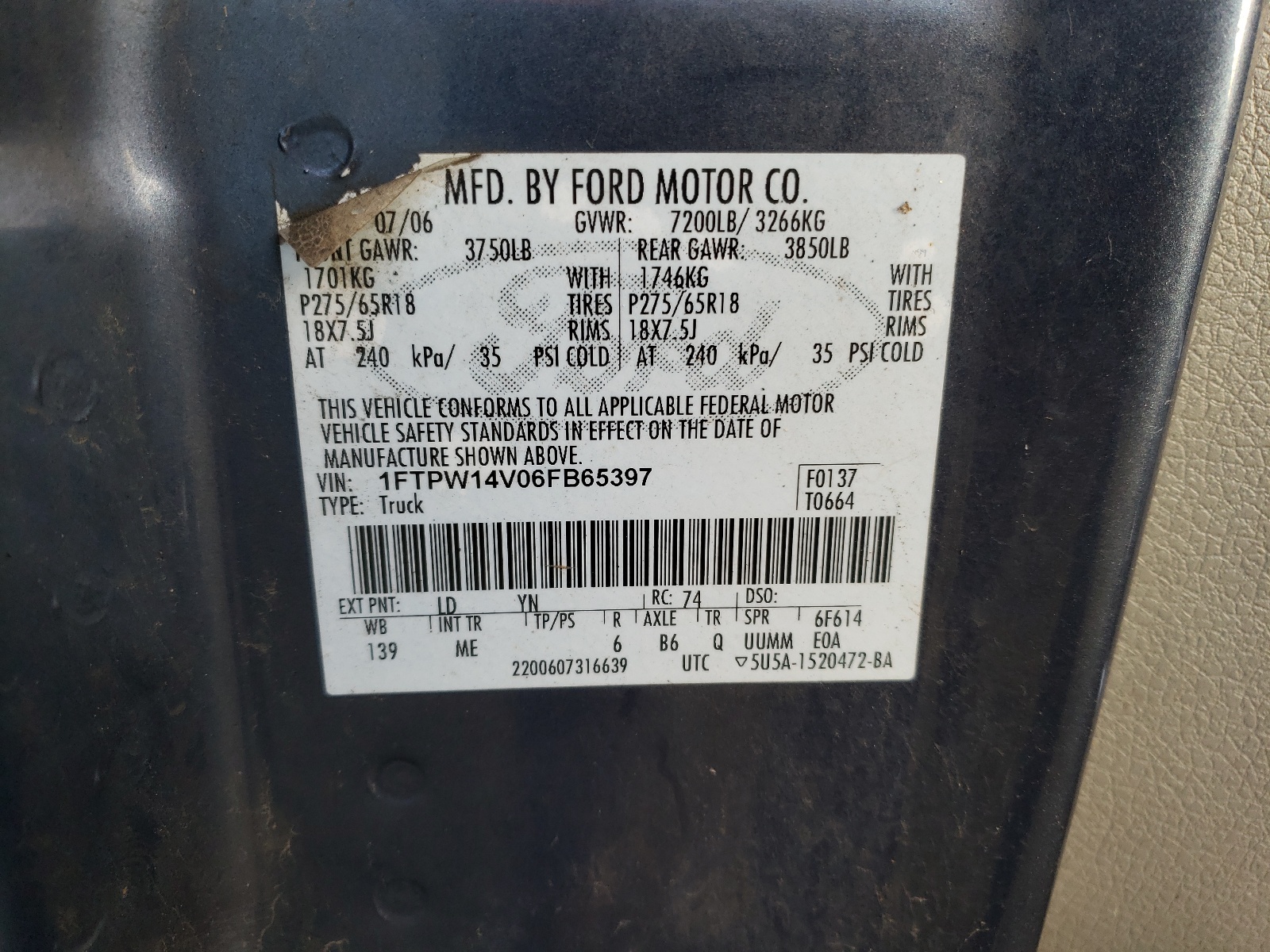 1FTPW14V06FB65397 2006 Ford F150 Supercrew