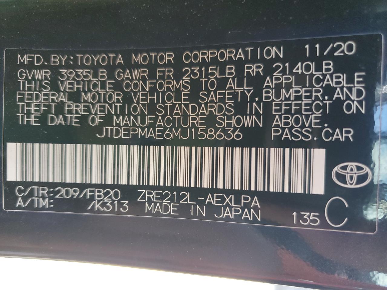 JTDEPMAE6MJ158636 2021 Toyota Corolla Le