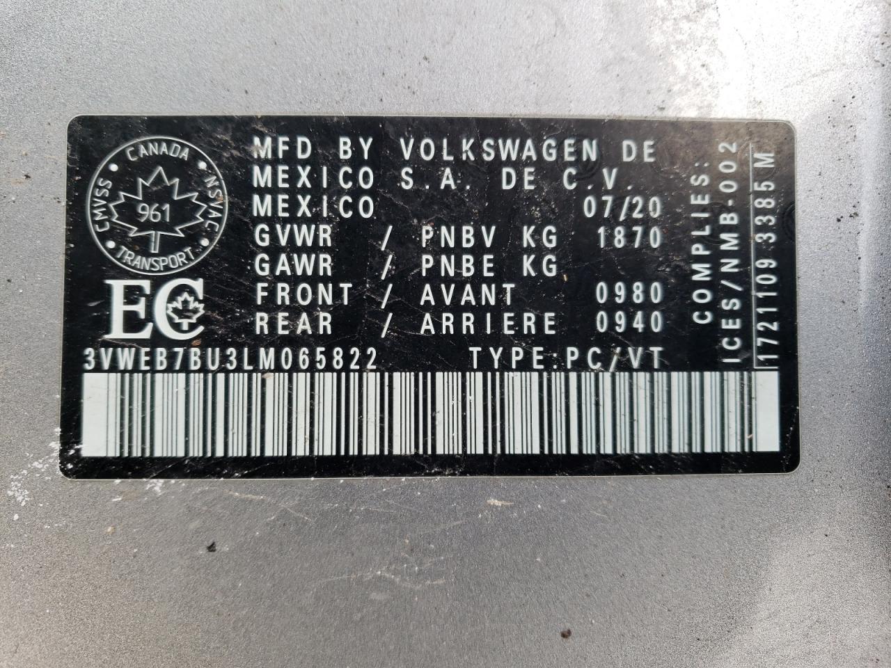 2020 Volkswagen Jetta Sel VIN: 3VWEB7BU3LM065822 Lot: 81522043