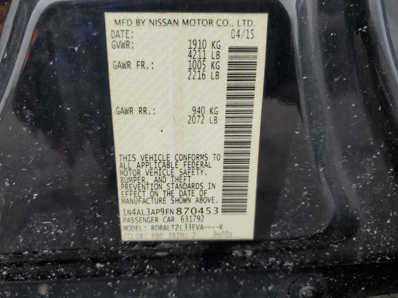 1N4AL3AP9FN870453 2015 Nissan Altima 2.5