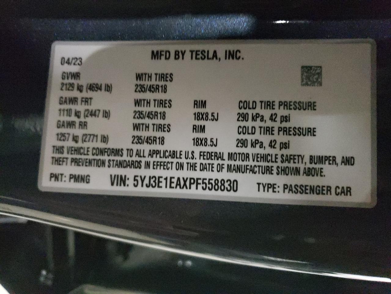 5YJ3E1EAXPF558830 2023 Tesla Model 3