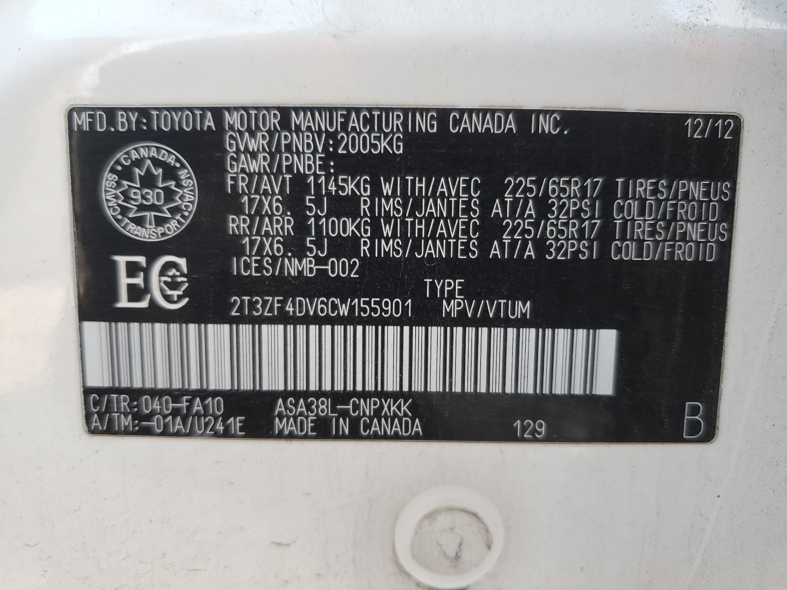 2T3ZF4DV6CW155901 2012 Toyota Rav4