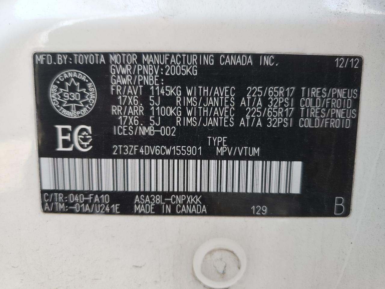 2012 Toyota Rav4 VIN: 2T3ZF4DV6CW155901 Lot: 80251233