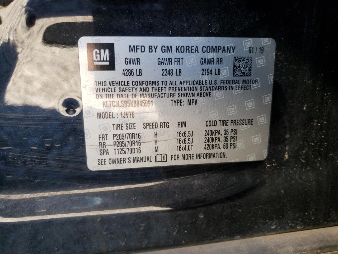 2019 Chevrolet Trax 1Lt VIN: KL7CJLSB5KB845991 Lot: 58379934