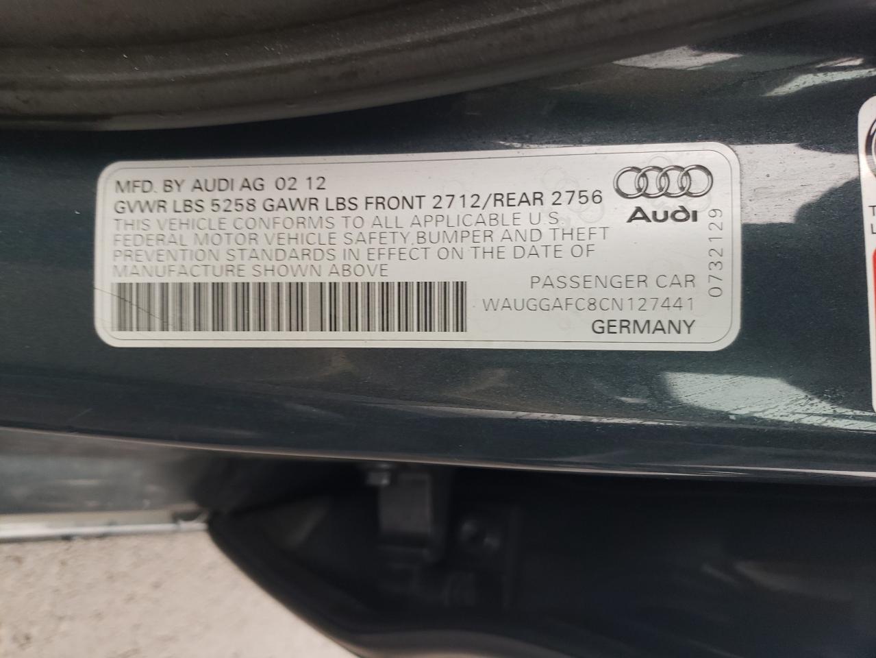 2012 Audi A6 Premium Plus VIN: WAUGGAFC8CN127441 Lot: 57951534