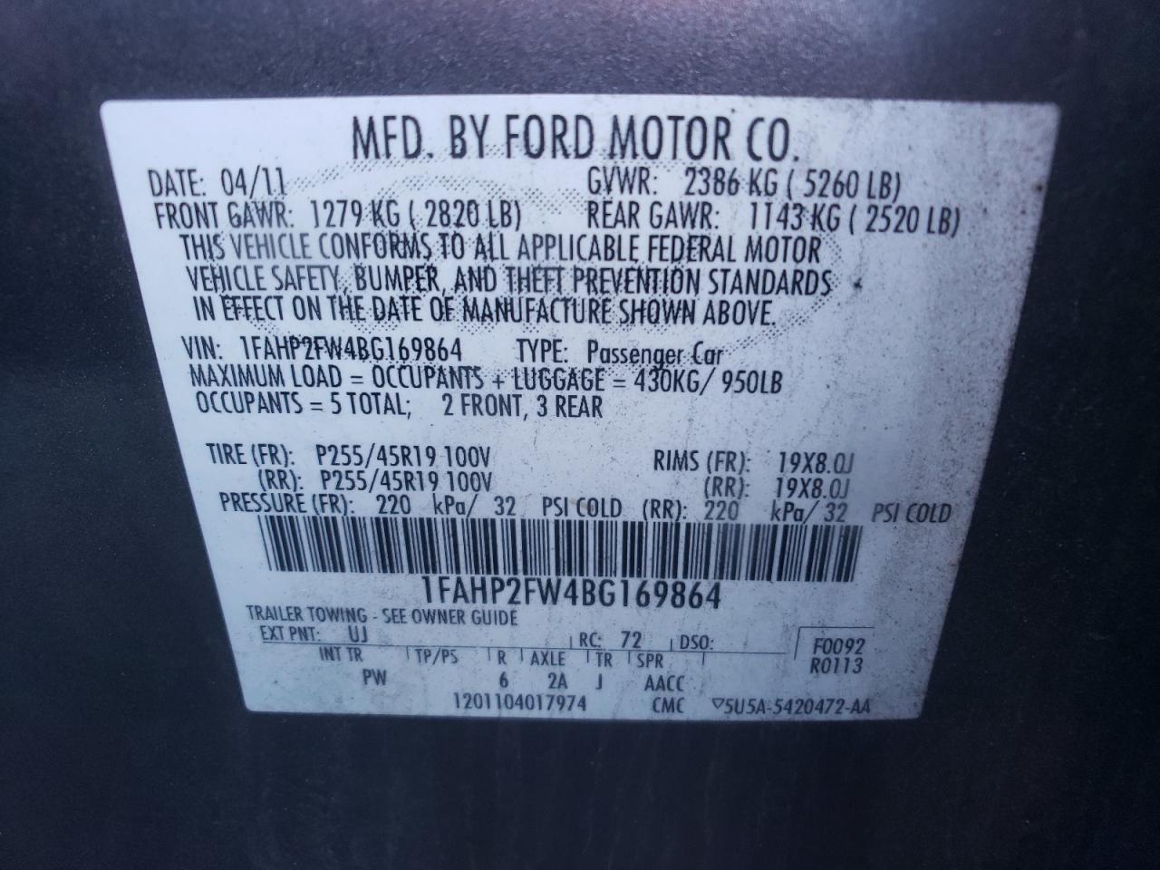 2011 Ford Taurus Limited VIN: 1FAHP2FW4BG169864 Lot: 80839503