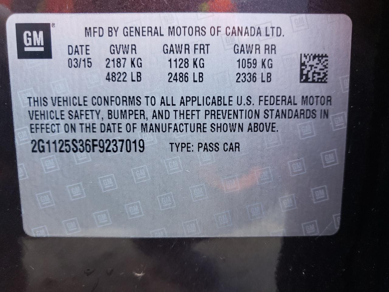 2G1125S36F9237019 2015 Chevrolet Impala Lt