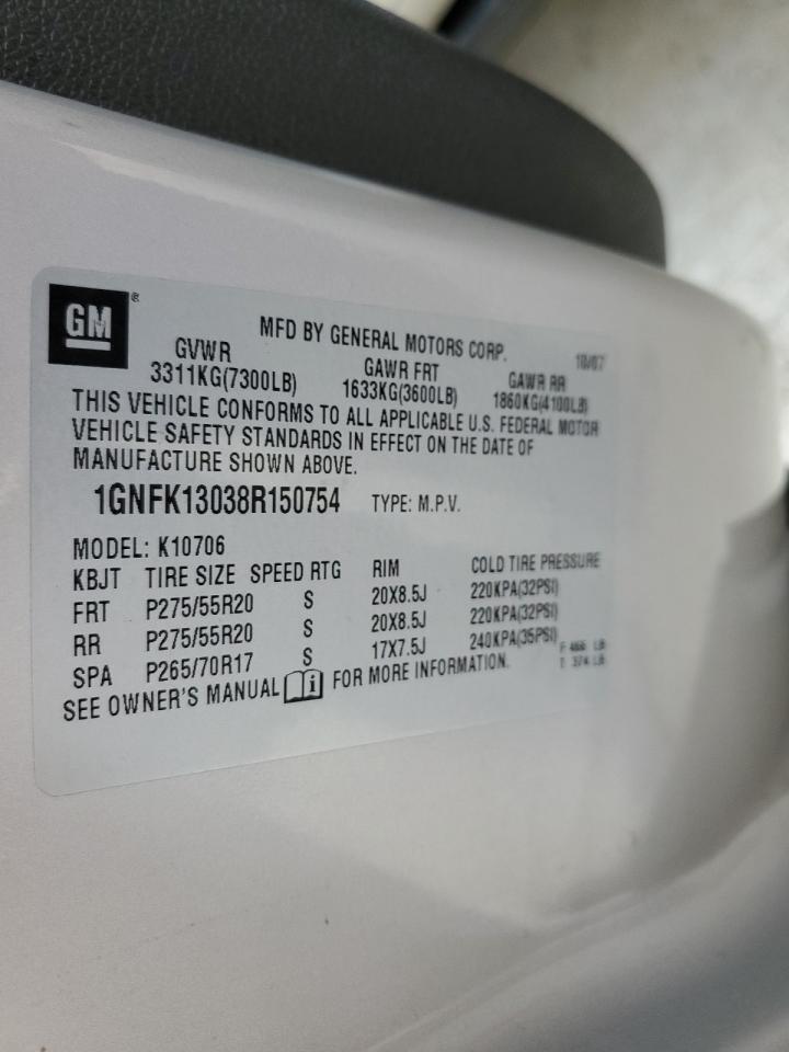 2008 Chevrolet Tahoe K1500 VIN: 1GNFK13038R150754 Lot: 81930813