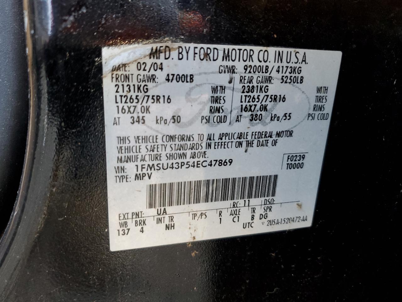 2004 Ford Excursion Limited VIN: 1FMSU43P54EC47869 Lot: 81511793