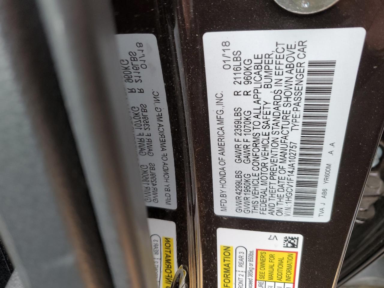 1HGCV1F14JA102757 2018 Honda Accord Lx