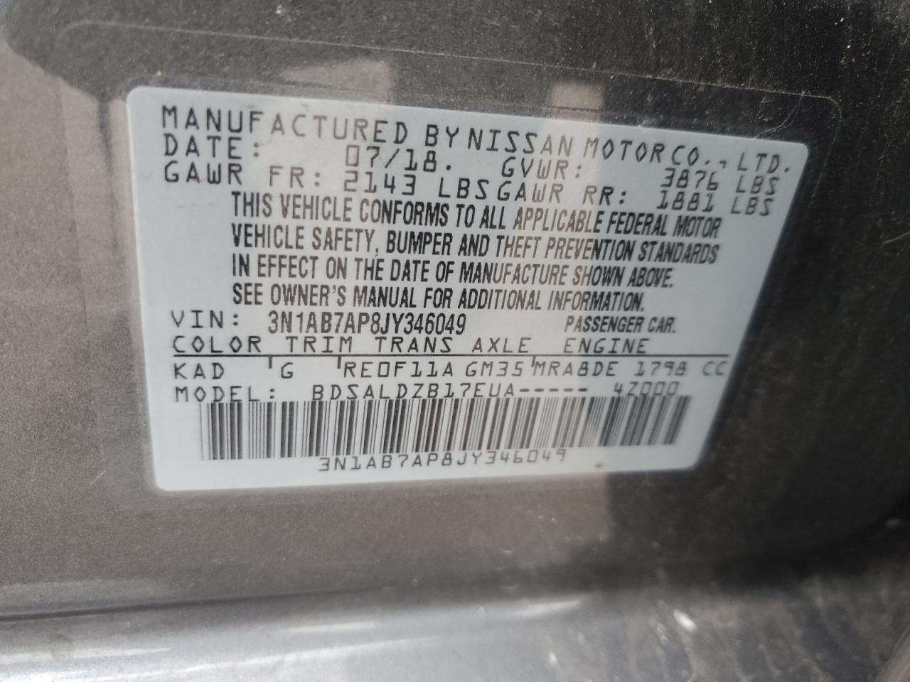 3N1AB7AP8JY346049 2018 Nissan Sentra S