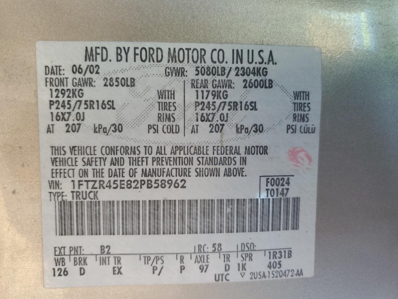 2002 Ford Ranger Super Cab VIN: 1FTZR45E82PB58962 Lot: 79647283