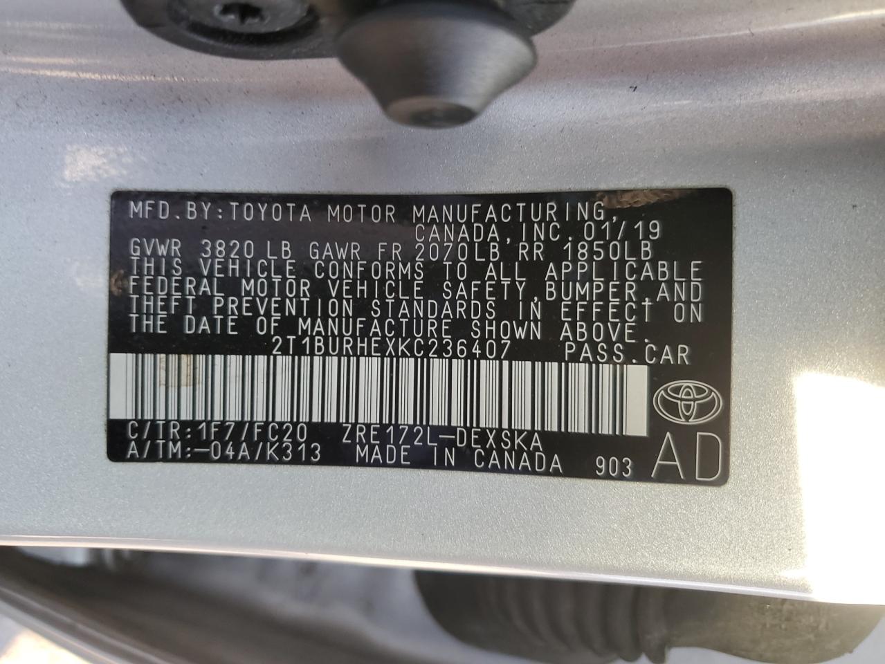 2T1BURHEXKC236407 2019 Toyota Corolla L