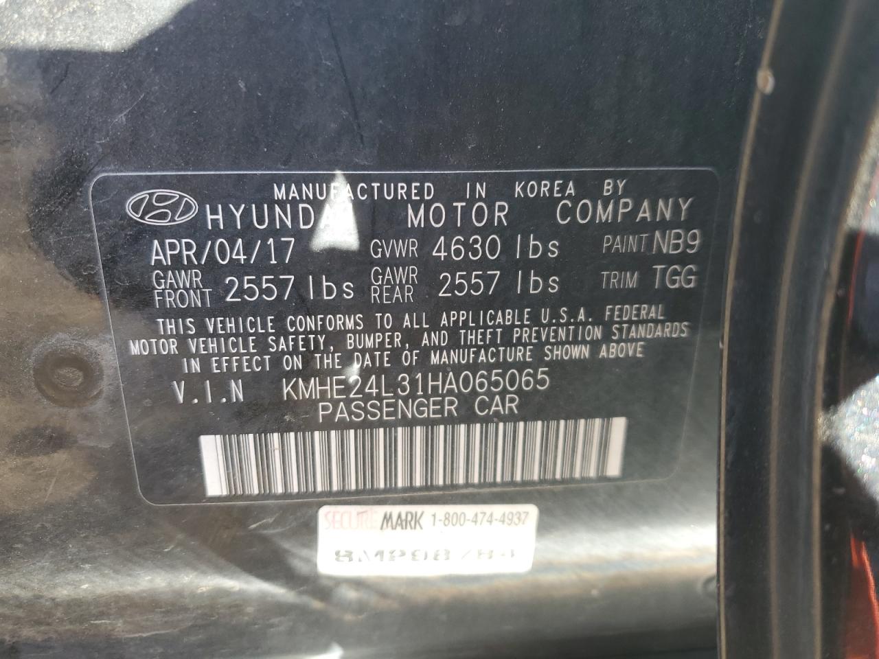 KMHE24L31HA065065 2017 Hyundai Sonata Hybrid