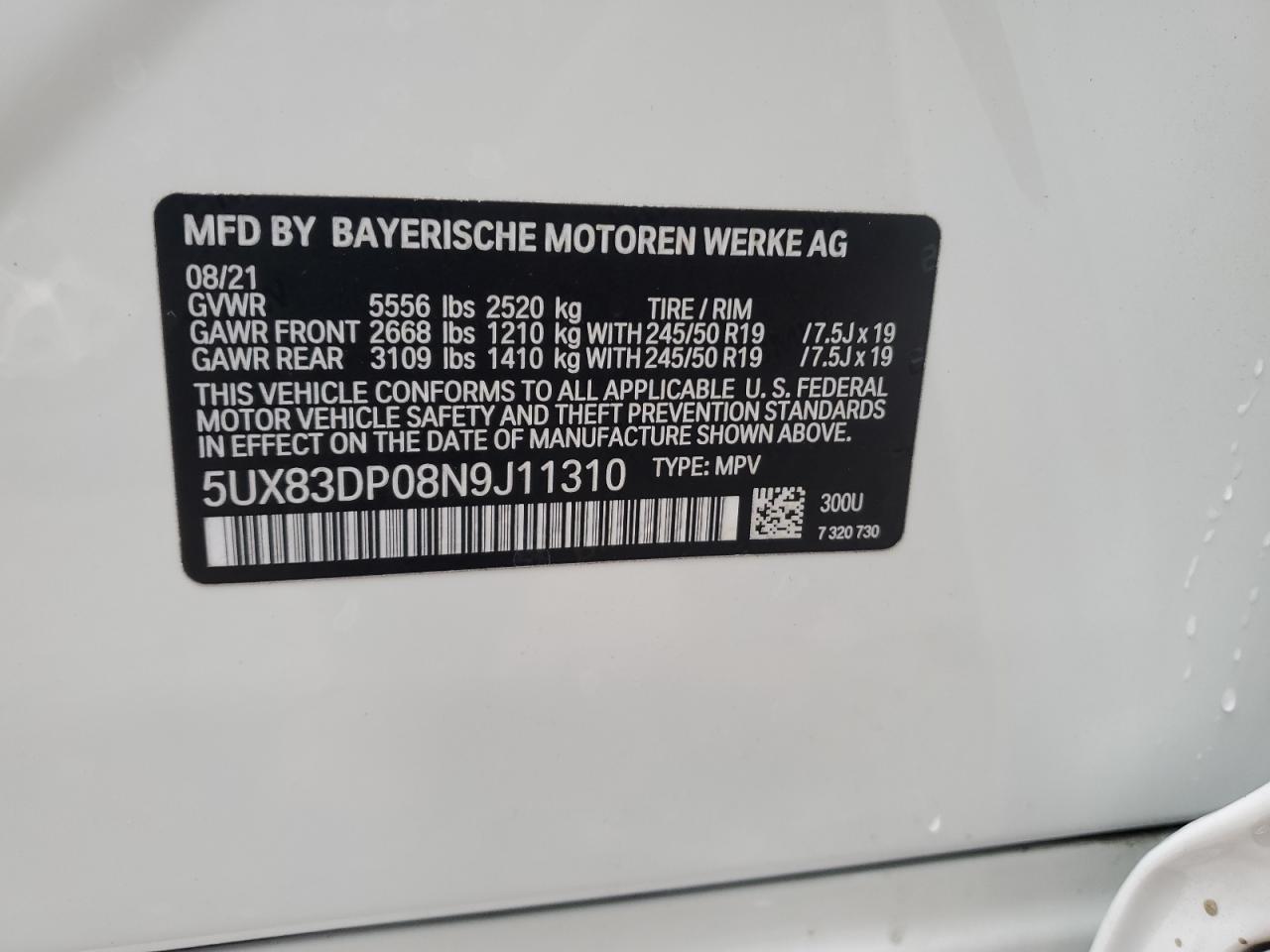 2022 BMW X3 M40I VIN: 5UX83DP08N9J11310 Lot: 81531373