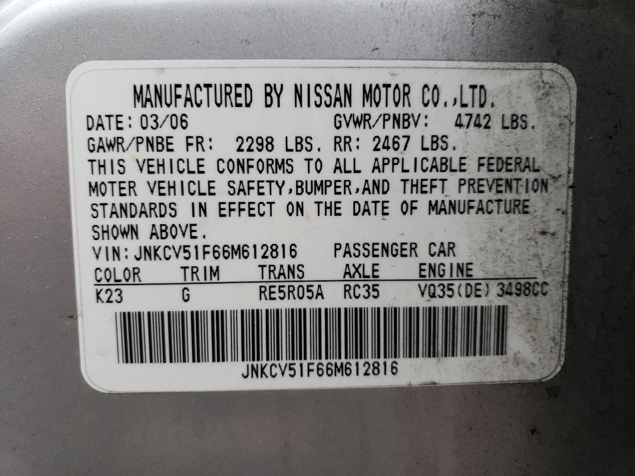 JNKCV51F66M612816 2006 Infiniti G35