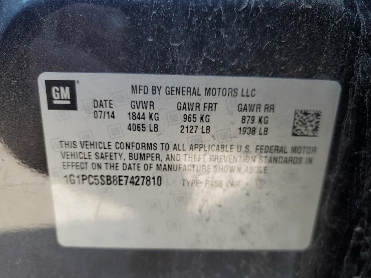 2014 Chevrolet Cruze Lt VIN: 1G1PC5SB8E7427810 Lot: 80513023