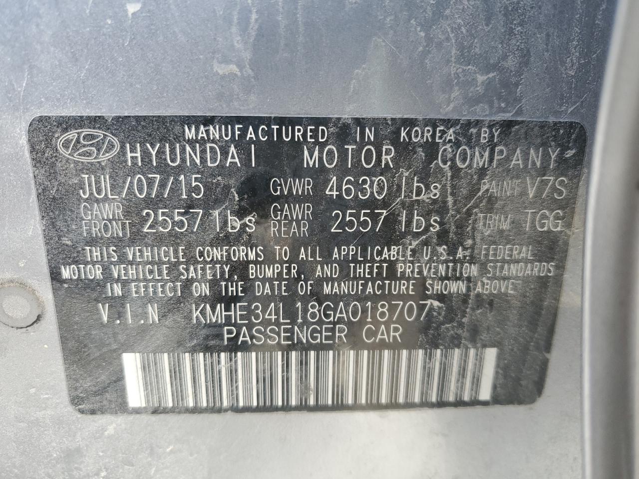 KMHE34L18GA018707 2016 Hyundai Sonata Hybrid