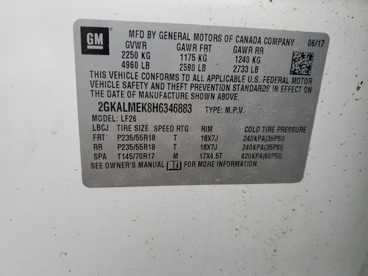 2GKALMEK8H6346883 2017 GMC Terrain Sle