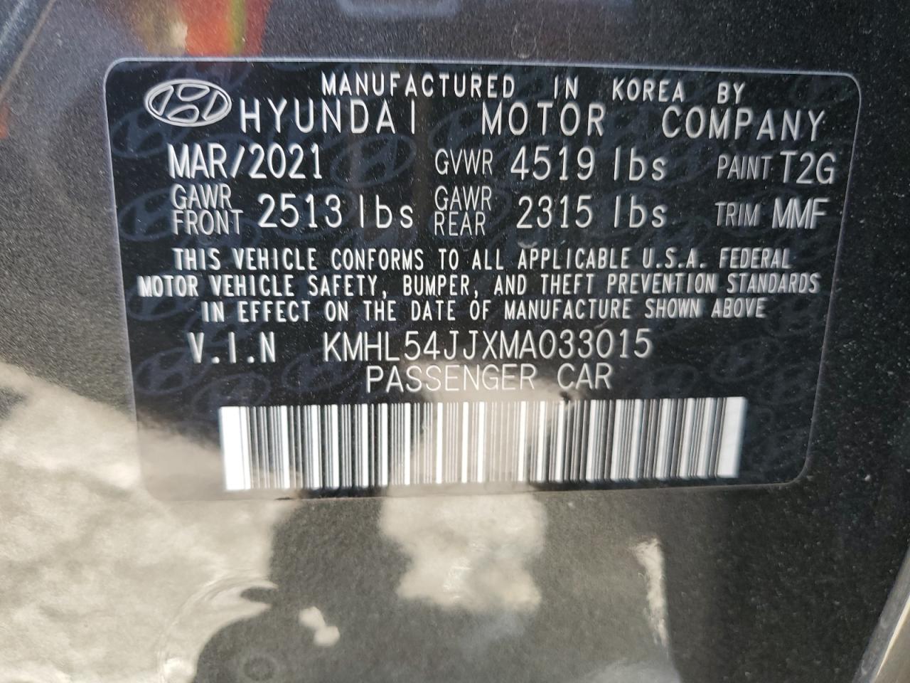 2021 Hyundai Sonata Hybrid VIN: KMHL54JJXMA033015 Lot: 77781883