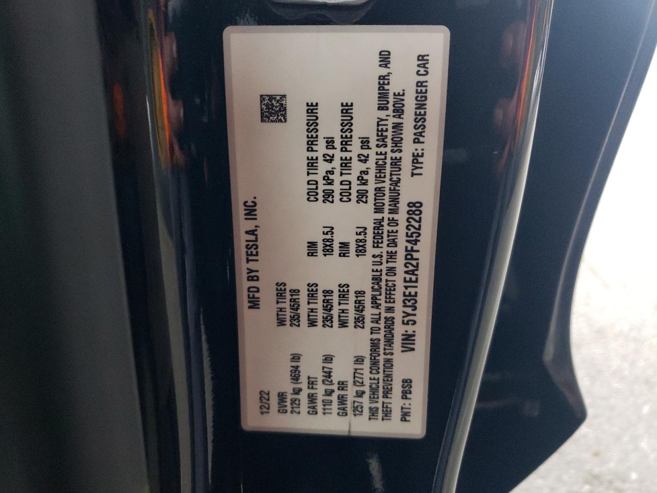 5YJ3E1EA2PF452288 2023 Tesla Model 3