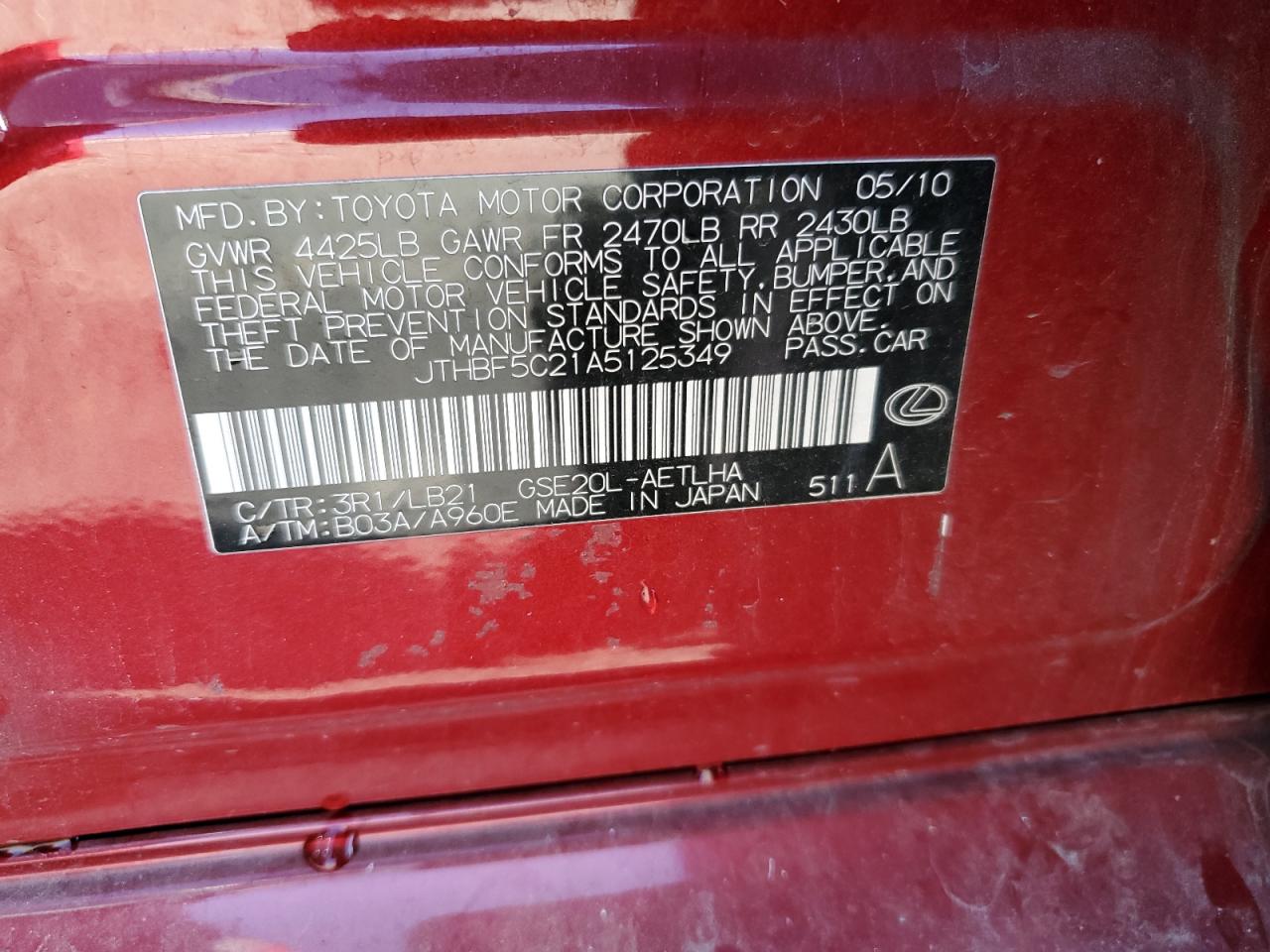 2010 Lexus Is 250 VIN: JTHBF5C21A5125349 Lot: 79934153