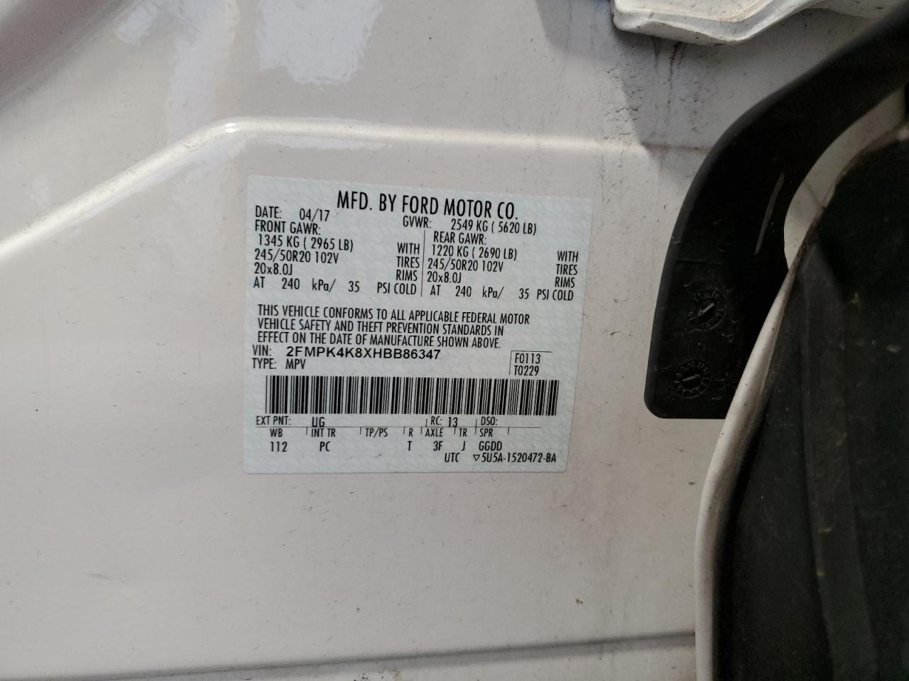 2017 Ford Edge Titanium VIN: 2FMPK4K8XHBB86347 Lot: 80145363