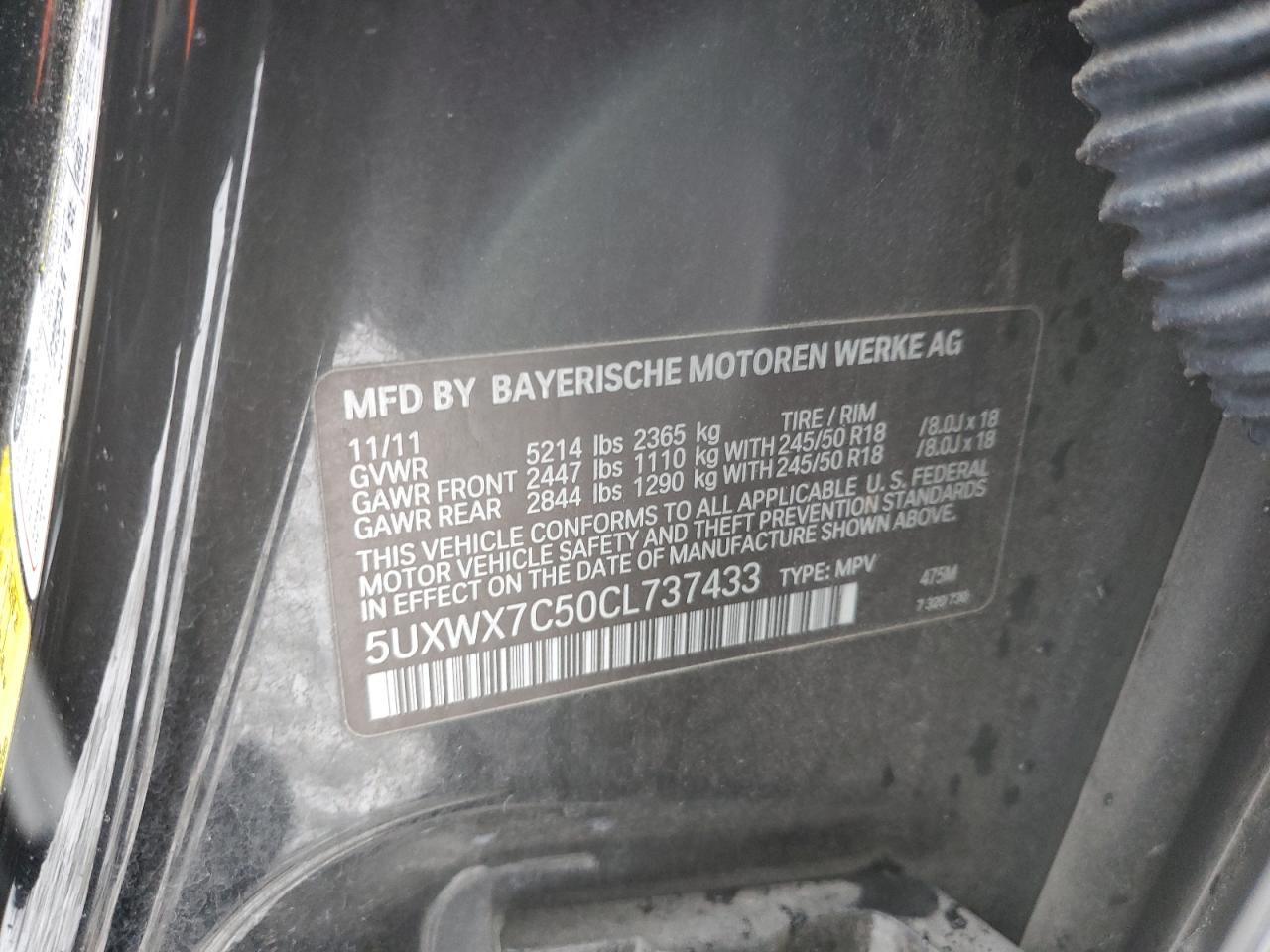 2012 BMW X3 xDrive35I VIN: 5UXWX7C50CL737433 Lot: 80567603