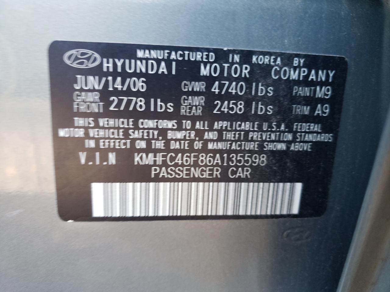 2006 Hyundai Azera Se VIN: KMHFC46F86A135598 Lot: 79833213