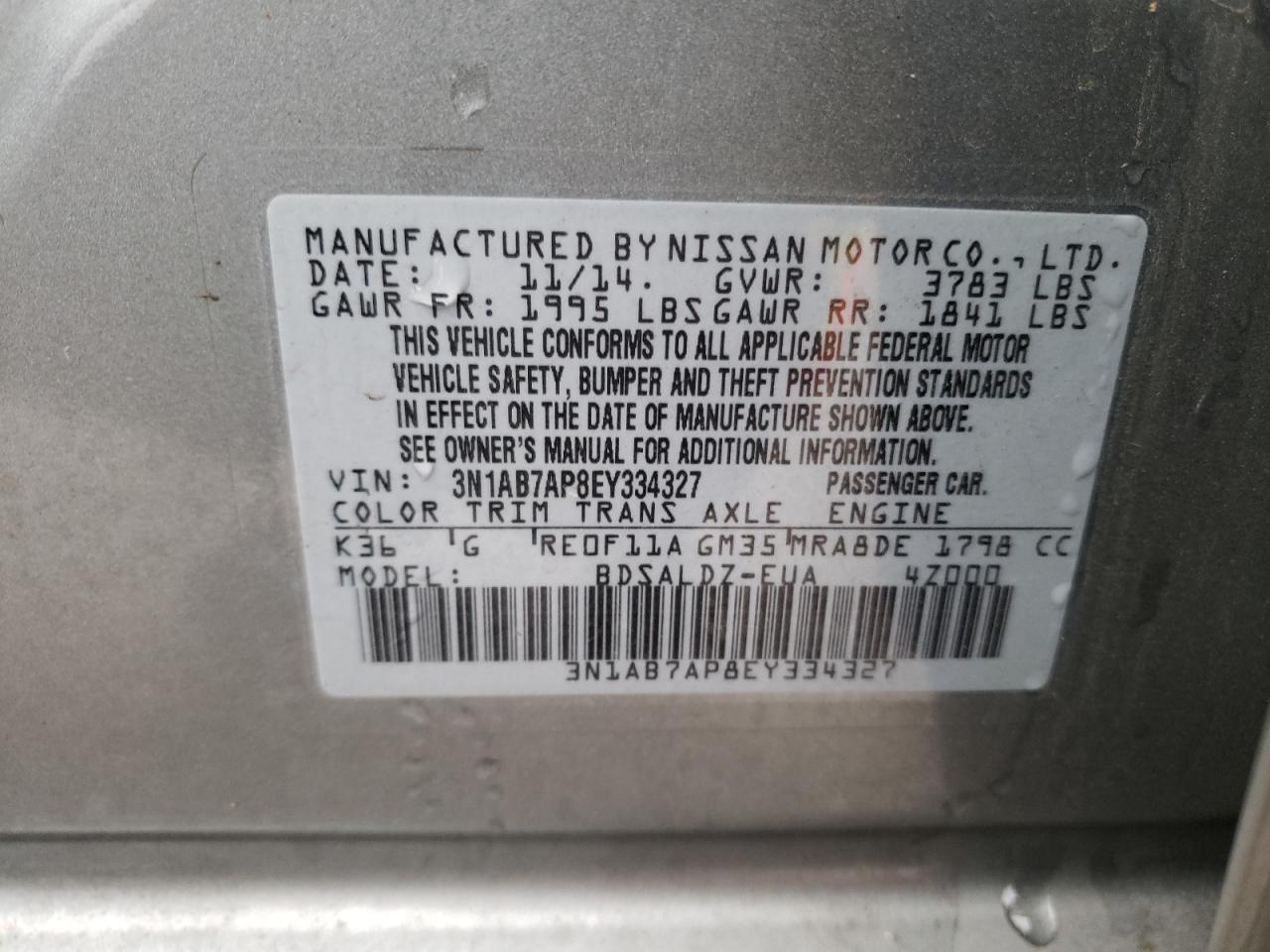 3N1AB7AP8EY334327 2014 Nissan Sentra S