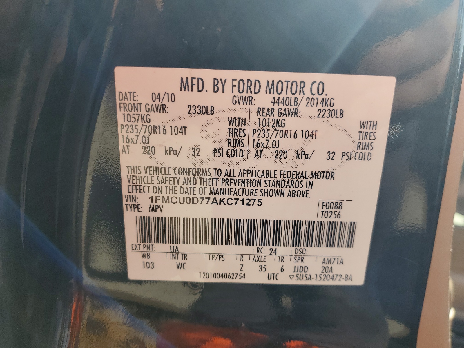 1FMCU0D77AKC71275 2010 Ford Escape Xlt