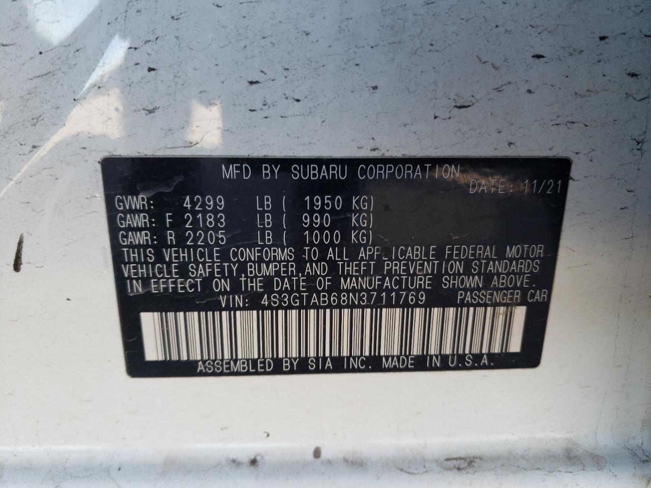 2022 Subaru Impreza VIN: 4S3GTAB68N3711769 Lot: 82340643