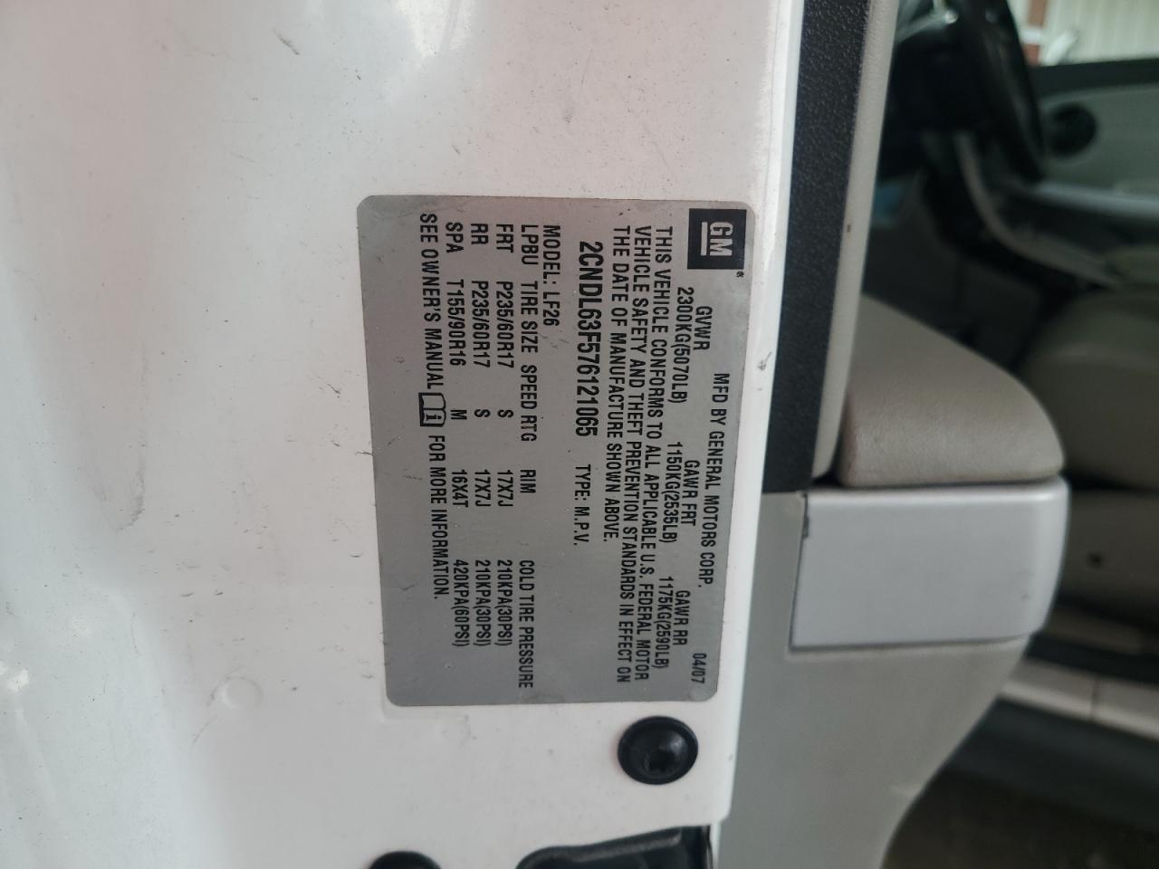 2CNDL63F576121065 2007 Chevrolet Equinox Lt