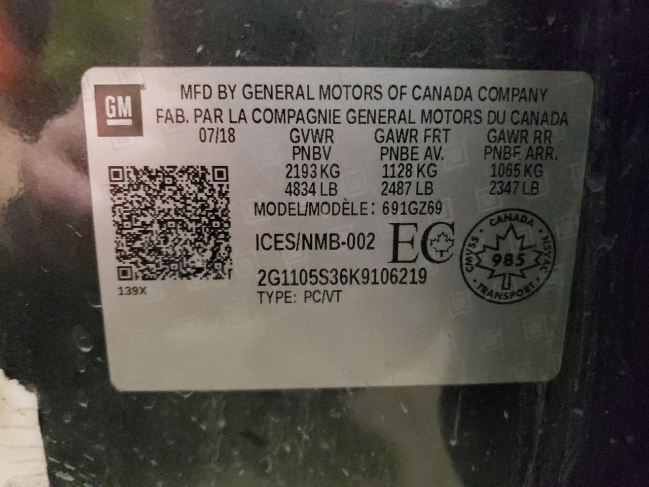 2G1105S36K9106219 2019 Chevrolet Impala Premier