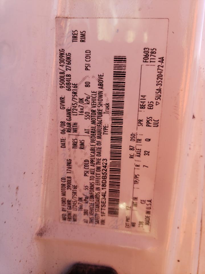 2008 Ford Econoline E350 Super Duty Van VIN: 1FTSE34L18DB52423 Lot: 80993293