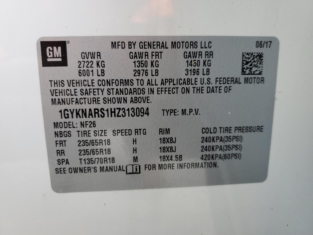 2017 Cadillac Xt5 VIN: 1GYKNARS1HZ313094 Lot: 81764473