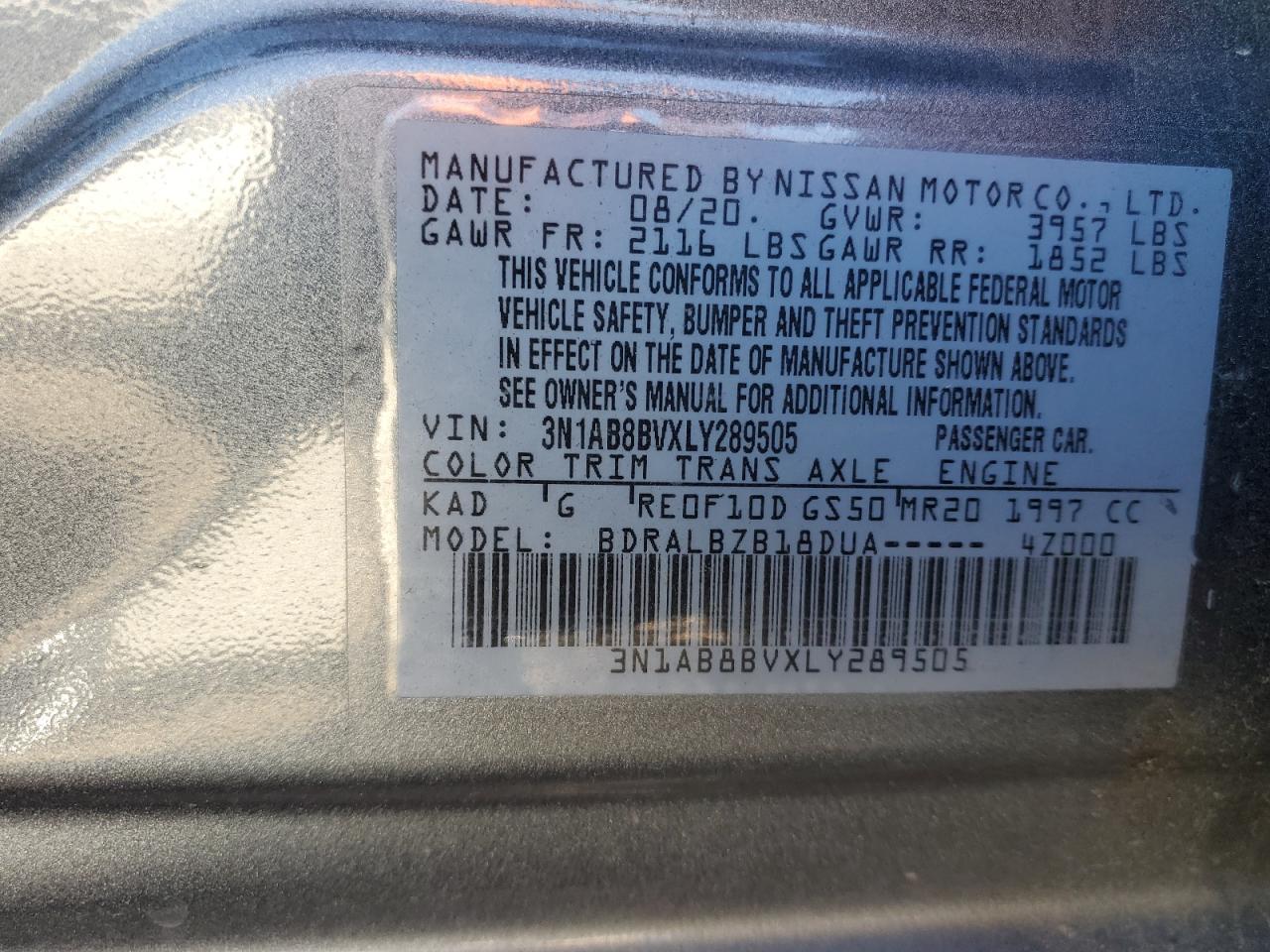 3N1AB8BVXLY289505 2020 Nissan Sentra S