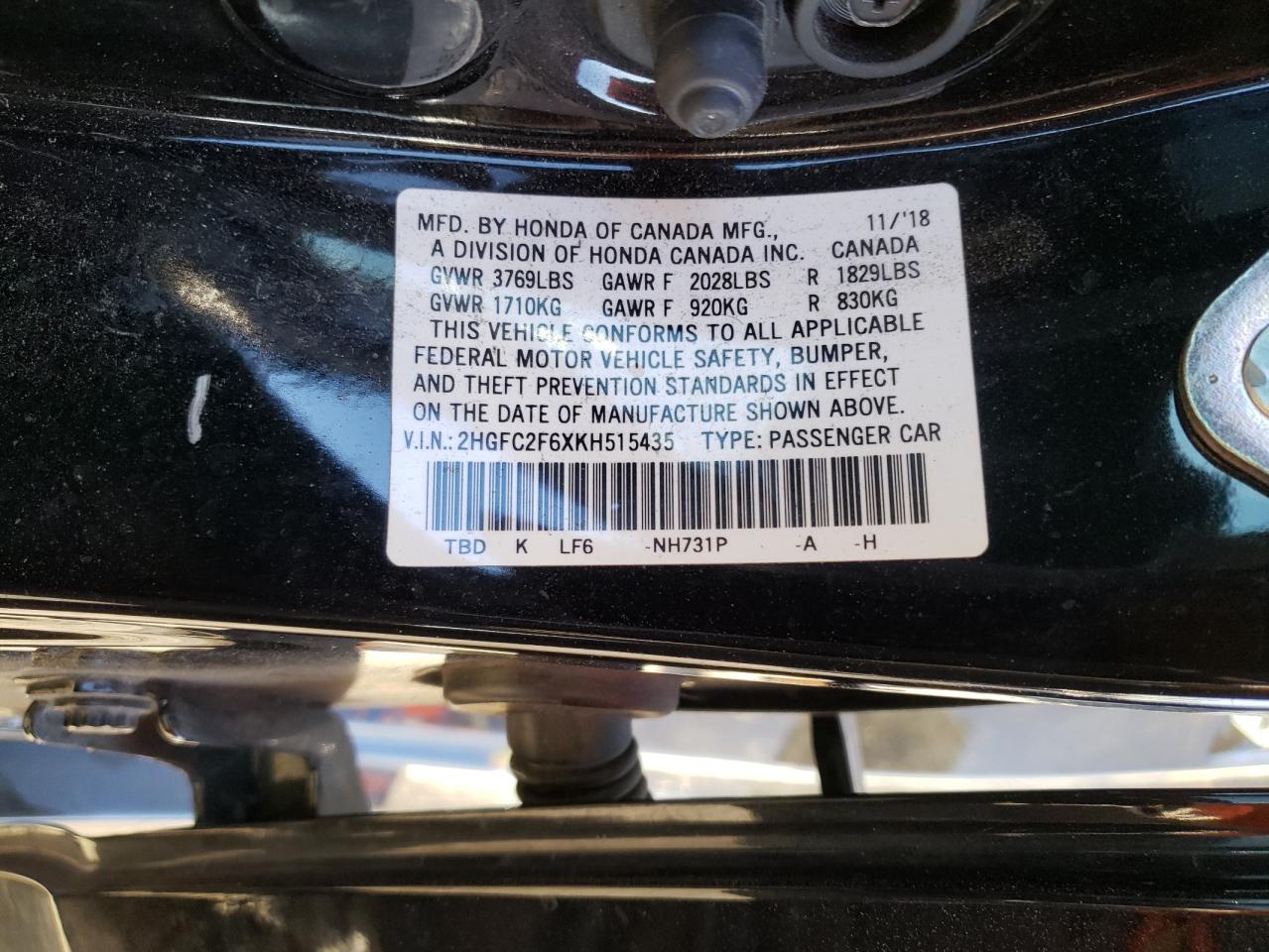 2HGFC2F6XKH515435 2019 Honda Civic Lx